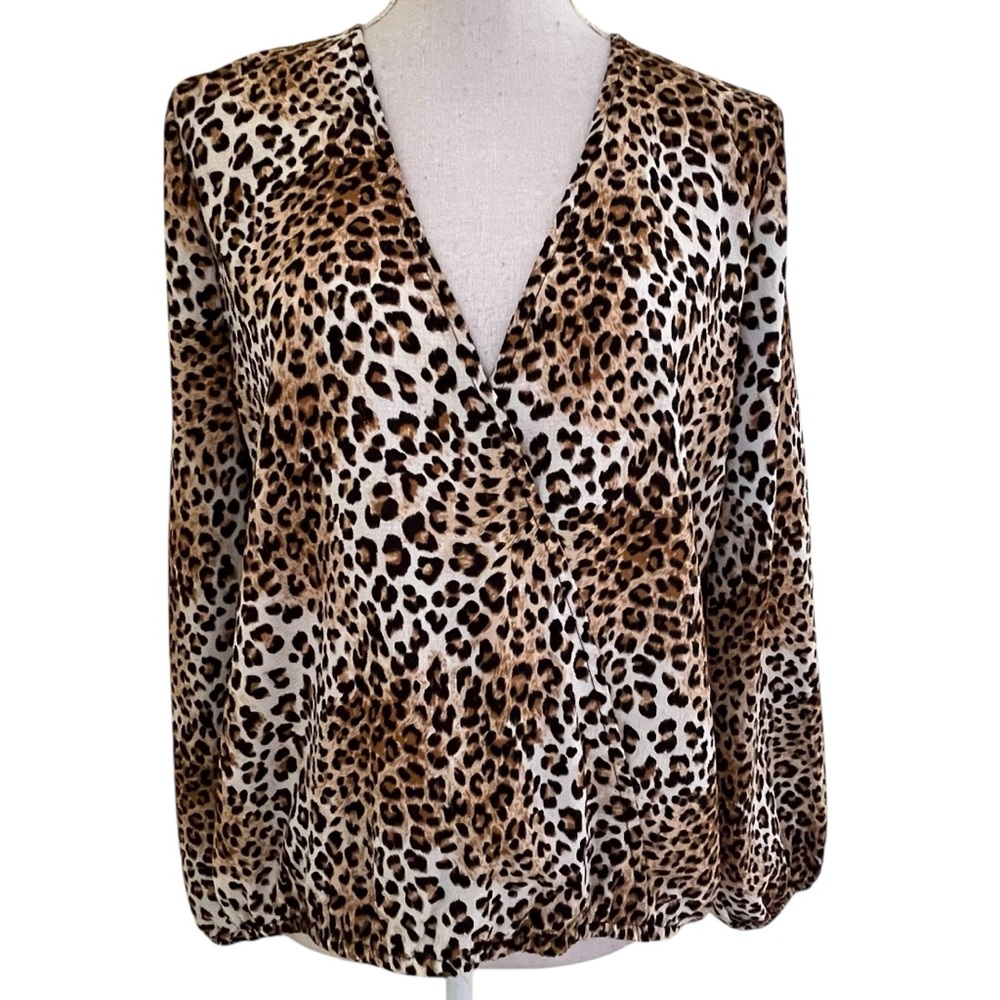 Sadie & Sage Leopard Print Long Sleeve Surplice Blouse L